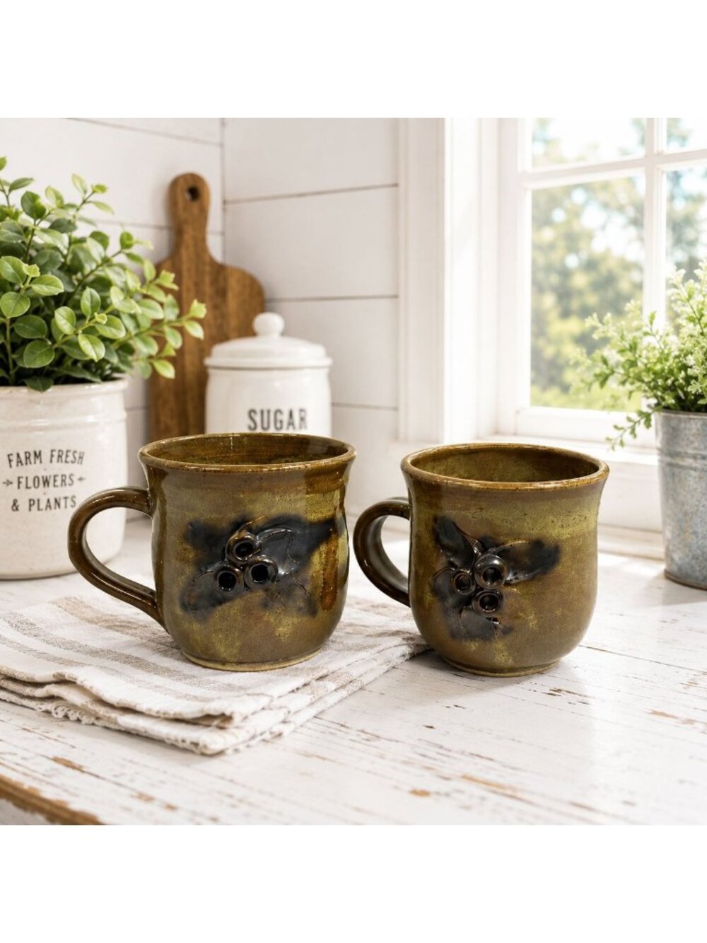Vintage Handmade Ceramic Stoneware Mugs Brown Glaze With Floral Embossed Detaili